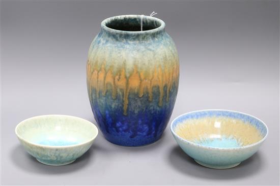 A Ruskin green, orange and blue-glazed crystalline vase and two crystalline turquoise bowls (3) vase height 20cm